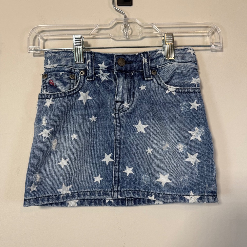 Polo Ralph Lauren Denim Skirt Kids Size 6 Blue Star Print Distressed Patriotic